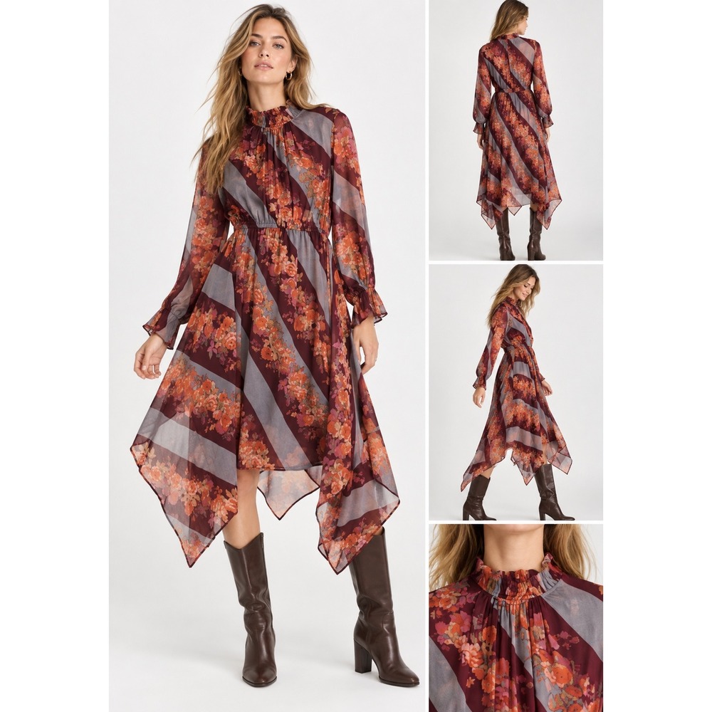 Soft Surroundings Floral Stripe Handkerchief Hem Midi Dress Burgundy M Boho